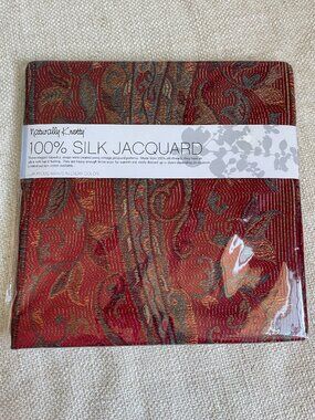 Naturally Knotty 100% Silk Jacquard  Scarf Wrap Red Green Fringe 26 x 77” NWT